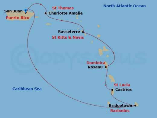 Celebrity Constellation - 7 Night - Southern Caribbean Cruise - Celebrity Constellation - Starting in San Juan, Puerto Rico, Charlotte Amalie, St Thomas, Basseterre, St Kitts and Nevis.. itinerary map