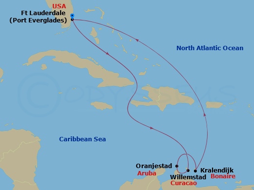 Celebrity Silhouette - 8 Night - Aruba, Curacao & Bonaire - Celebrity Silhouette - Starting in Fort Lauderdale, Florida, Willemstad AN, Curacao, Oranjestad, Aruba, Kralendijk, Bonai.. itinerary map