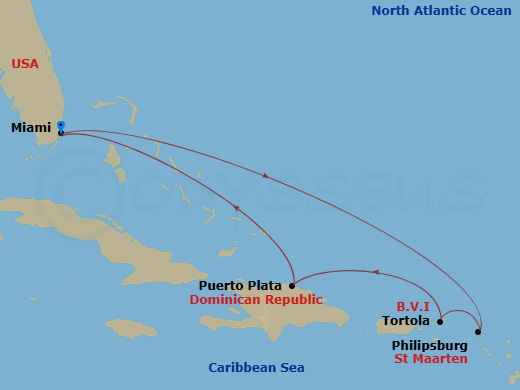 Celebrity Xcel - 7 Night - Puerto Plata & St. Maarten - Celebrity Xcel - Starting in Miami, Florida, Philipsburg, St Maarten, Tortola, Puerto Plata, Dominican Republic, Miami,.. itinerary map