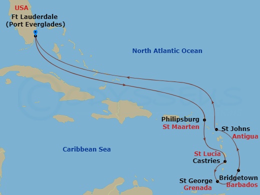 Celebrity Ascent - 10 Night - Ultimate Southern Caribbean - Celebrity Ascent - Starting in Fort Lauderdale, Florida, Philipsburg, St Maarten, Castries, St Lucia, St Georges, Gre.. itinerary map