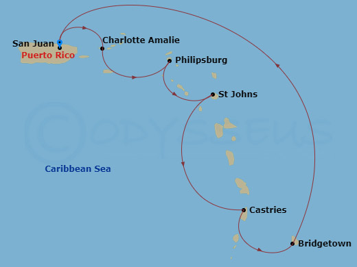 Celebrity Constellation - 7 Night - Southern Caribbean Cruise - Celebrity Constellation - Starting in San Juan, Puerto Rico, Charlotte Amalie, St Thomas, Philipsburg, St Maarten, St Jo.. itinerary map
