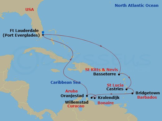 Celebrity Eclipse - 12 Night - Ultimate Southern Caribbean - Celebrity Eclipse - Starting in Fort Lauderdale, Florida, Basseterre, St Kitts and Nevis, Castries, St Lucia, Bridget.. itinerary map