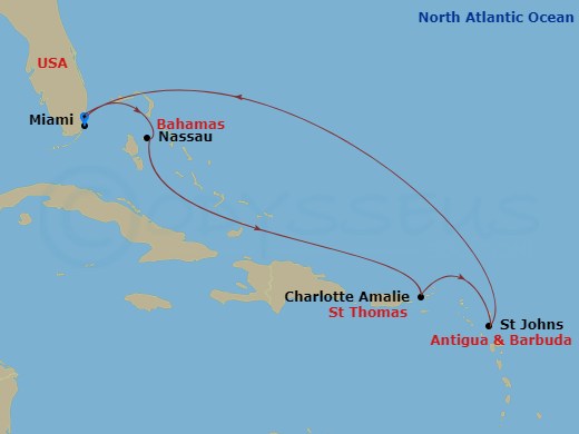 Celebrity Xcel - 7 Night - St. Thomas & Antigua Cruise - Celebrity Xcel - Starting in Miami, Florida, Nassau, Bahamas, Charlotte Amalie, St Thomas, St Johns AG, Antigua, Miami.. itinerary map