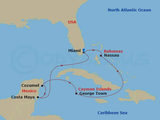 Celebrity Xcel - 7 Night - Bahamas, Mexico & Cayman - Celebrity Xcel - Starting in Miami, Florida, Nassau, Bahamas, George Town, Grand Cayman, Cozumel, Mexico, Puerto Costa Ma.. itinerary map