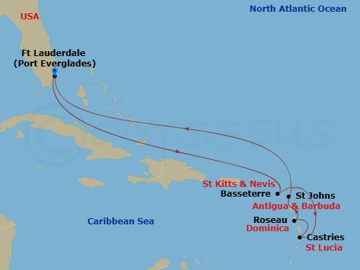 Celebrity Eclipse - 9 Night - Antigua, St. Lucia & St. Kitts - Celebrity Eclipse - Starting in Fort Lauderdale, Florida, Basseterre, St Kitts and Nevis, Castries, St Lucia, Rosea.. itinerary map