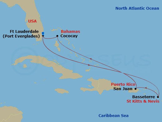 Celebrity Beyond - 7 Night - St. Kitts, & Perfect Day Holiday - Celebrity Beyond - Starting in Fort Lauderdale, Florida, Basseterre, St Kitts and Nevis, San Juan, Puerto Rico, P.. itinerary map