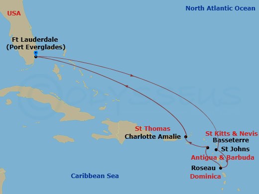 Celebrity Eclipse - 9 Night - Antigua, St. Kitts & St. Thomas - Celebrity Eclipse - Starting in Fort Lauderdale, Florida, St Johns AG, Antigua, Roseau, Dominica, Basseterre, St K.. itinerary map