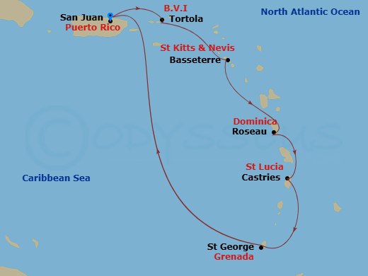 Celebrity Constellation - 7 Night - Southern Caribbean Cruise - Celebrity Constellation - Starting in San Juan, Puerto Rico, Tortola, Basseterre, St Kitts and Nevis, Roseau, Dominica,.. itinerary map