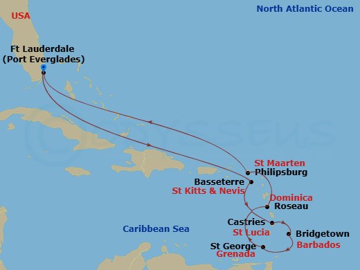 Celebrity Eclipse - 11 Night - Ultimate Southern Caribbean - Celebrity Eclipse - Starting in Fort Lauderdale, Florida, Basseterre, St Kitts and Nevis, Castries, St Lucia, Bridget.. itinerary map