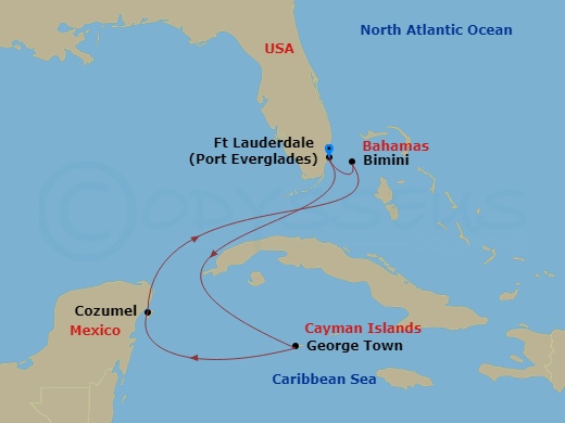 Celebrity Silhouette - 6 Night - Cayman, Mexico & Bahamas Holiday - Celebrity Silhouette - Starting in Fort Lauderdale, Florida, George Town, Grand Cayman, Cozumel, Mexico, Bimini,.. itinerary map