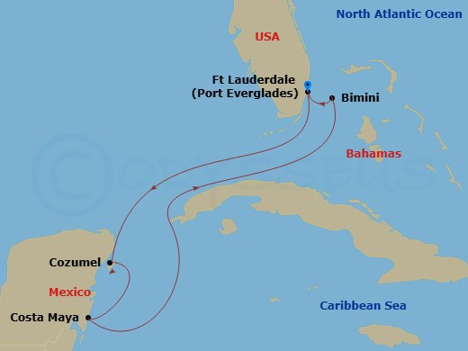 Celebrity Silhouette - 6 Night - Mexico & Bahamas Cruise - Celebrity Silhouette - Starting in Fort Lauderdale, Florida, Cozumel, Mexico, Puerto Costa Maya, Mexico, Bimini, Bahamas,.. itinerary map