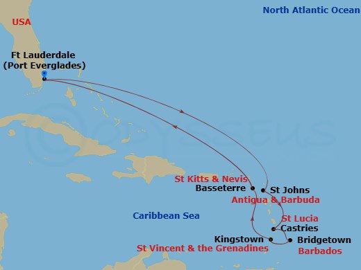 Celebrity Eclipse - 10 Night - Best of Southern Caribbean - Celebrity Eclipse - Starting in Fort Lauderdale, Florida, St Johns AG, Antigua, Castries, St Lucia, Bridgetown, Barbad.. itinerary map