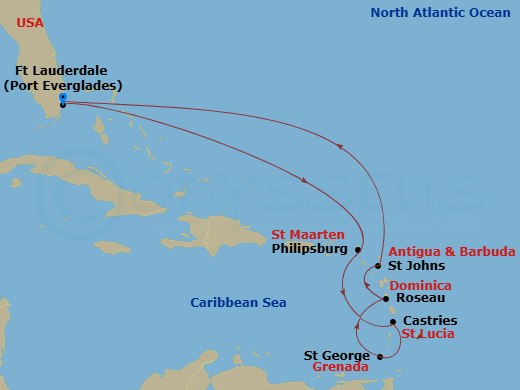Celebrity Ascent - 10 Night - Ultimate Southern Caribbean - Celebrity Ascent - Starting in Fort Lauderdale, Florida, Philipsburg, St Maarten, Castries, St Lucia, St Georges, Gre.. itinerary map