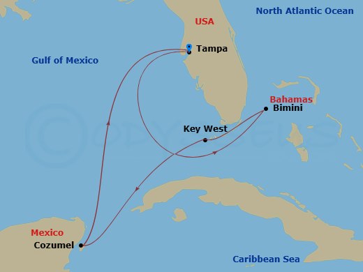 Celebrity Summit - 7 Night - Key West & Bahamas Cruise - Celebrity Summit - Starting in Tampa, Florida, Bimini, Bahamas, Key West, Florida, Cozumel, Mexico, Tampa, Florida itinerary map