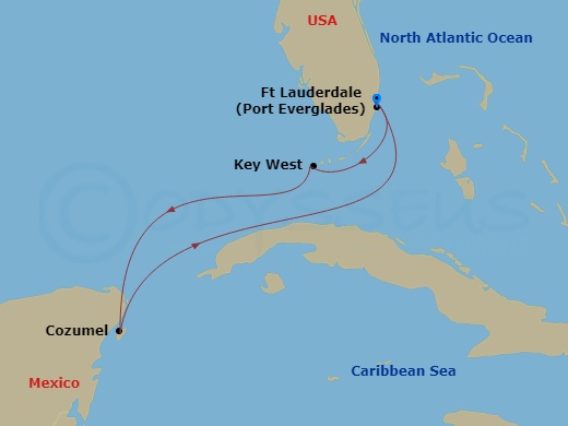 Celebrity Eclipse - 5 Night - Western Caribbean Cruise - Celebrity Eclipse - Starting in Fort Lauderdale, Florida, Key West, Florida, Cozumel, Mexico, Fort Lauderdale, Florida itinerary map