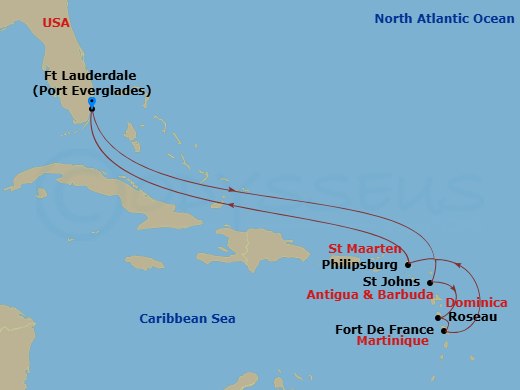 Celebrity Eclipse - 9 Night - Antigua, Dominica & St. Maarten - Celebrity Eclipse - Starting in Fort Lauderdale, Florida, St Johns AG, Antigua, Roseau, Dominica, Fort-De-France,.. itinerary map