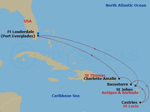 Celebrity Eclipse - 9 Night - Antigua, St. Lucia & St. Thomas - Celebrity Eclipse - Starting in Fort Lauderdale, Florida, St Johns AG, Antigua, Castries, St Lucia, Basseterre, St.. itinerary map