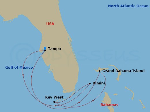 Celebrity Summit - 7 Night - Key West & Bahamas Cruise - Celebrity Summit - Starting in Tampa, Florida, Bimini, Bahamas, Key West, Florida, Grand Bahama Island, Bahamas, Tampa,.. itinerary map