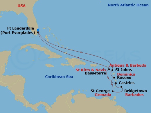 Celebrity Eclipse - 11 Night - Ultimate Southern Caribbean - Celebrity Eclipse - Starting in Fort Lauderdale, Florida, Basseterre, St Kitts and Nevis, Castries, St Lucia, Bridget.. itinerary map