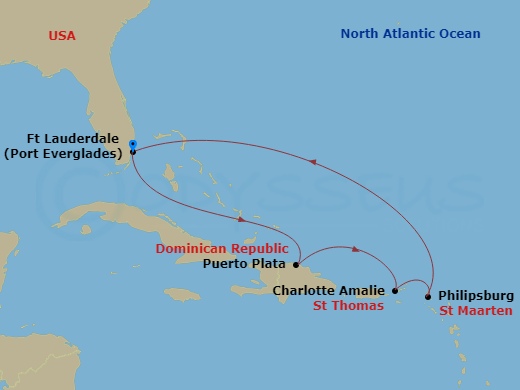 Celebrity Beyond - 7 Night - St. Maarten & Puerto Plata Cruise - Celebrity Beyond - Starting in Fort Lauderdale, Florida, Puerto Plata, Dominican Republic, Charlotte Amalie, St.. itinerary map