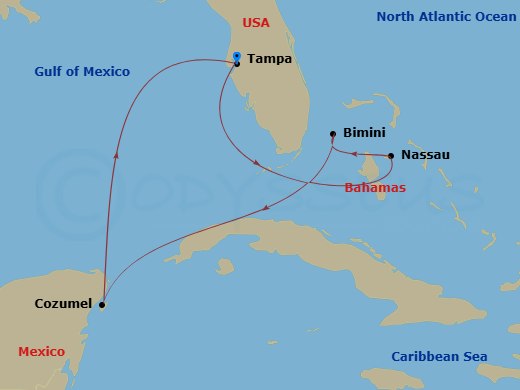 Celebrity Summit - 7 Night - Bahamas & Mexico Holiday Cruise - Celebrity Summit - Starting in Tampa, Florida, Nassau, Bahamas, Bimini, Bahamas, Cozumel, Mexico, Tampa, Florida itinerary map