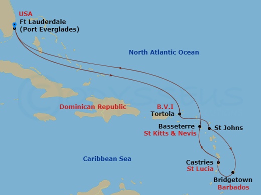 Celebrity Eclipse - 10 Night - Ultimate Southern Caribbean - Celebrity Eclipse - Starting in Fort Lauderdale, Florida, Tortola, St Johns AG, Antigua, Bridgetown, Barbados, Castri.. itinerary map