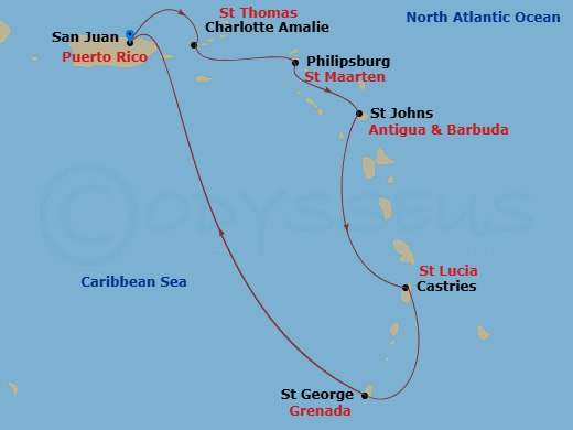 Celebrity Constellation - 7 Night - Southern Caribbean Cruise - Celebrity Constellation - Starting in San Juan, Puerto Rico, Charlotte Amalie, St Thomas, Philipsburg, St Maarten, St Jo.. itinerary map