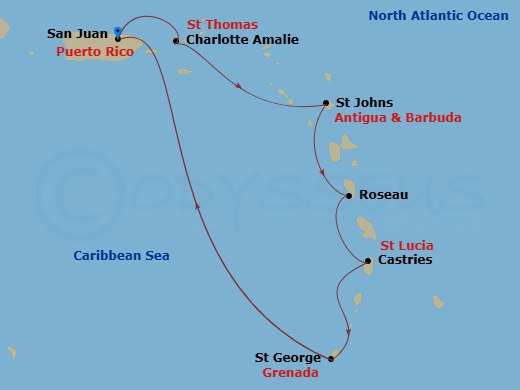 Celebrity Constellation - 7 Night - Southern Caribbean Cruise - Celebrity Constellation - Starting in San Juan, Puerto Rico, Charlotte Amalie, St Thomas, St Johns AG, Antigua, Roseau,.. itinerary map