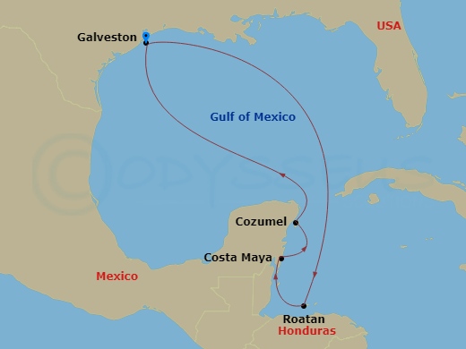 RCL Symphony of the Seas - 7 Night - Western Caribbean Cruise - RCL Symphony of the Seas - Starting in Galveston, Texas, Roatan, Honduras, Puerto Costa Maya, Mexico, Cozumel, Mexico, Ga.. itinerary map