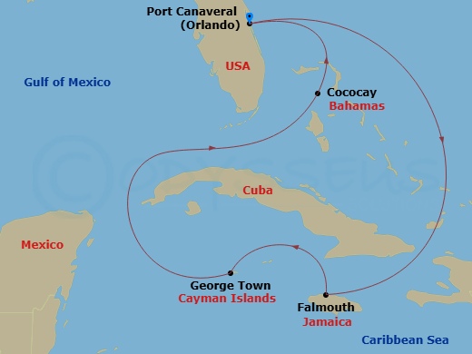 RCL Adventure of the Seas - 6 Night - Western Caribbean & Perfect Day - RCL Adventure of the Seas - Starting in Orlando (Port Canaveral), Fl, Falmouth, Jamaica, George Town, Grand Cayman.. itinerary map