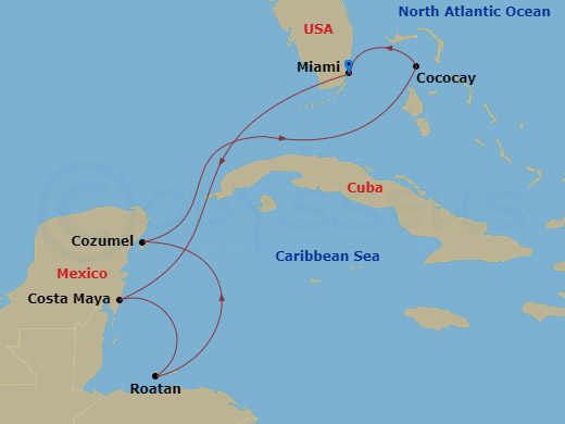 RCL Icon of the Seas - 7 Night - Western Caribbean & Perfect Day - RCL Icon of the Seas - Starting in Miami, Florida, Puerto Costa Maya, Mexico, Roatan, Honduras, Cozumel, Mexico, P.. itinerary map