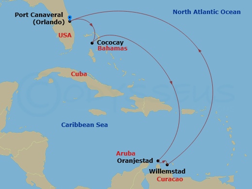 RCL Adventure of the Seas - 8 Night - Southern Caribbean & Perfect Day - RCL Adventure of the Seas - Starting in Orlando (Port Canaveral), Fl, Perfect Day Cococay, Bahamas, Oranjestad, A.. itinerary map