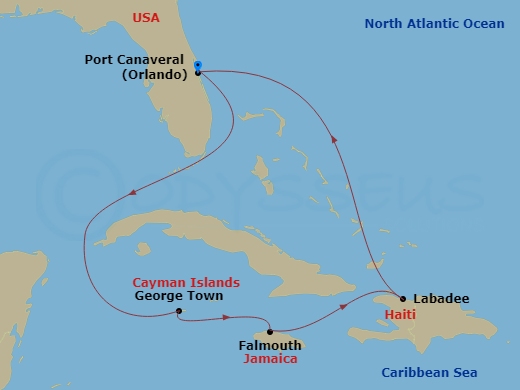 RCL Adventure of the Seas - 6 Night - Western Caribbean Cruise - RCL Adventure of the Seas - Starting in Orlando (Port Canaveral), Fl, George Town, Grand Cayman, Falmouth, Jamaica, Labad.. itinerary map