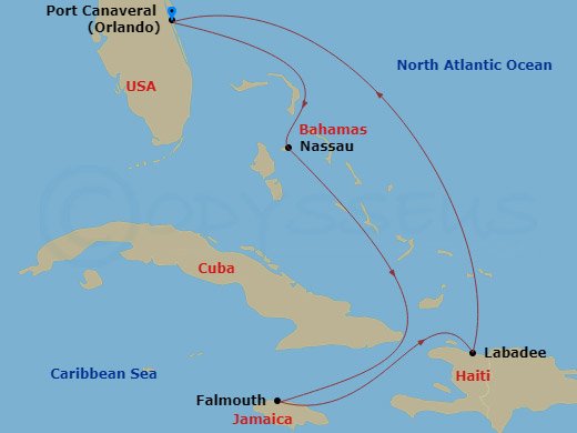 RCL Adventure of the Seas - 6 Night - Western Caribbean Cruise - RCL Adventure of the Seas - Starting in Orlando (Port Canaveral), Fl, Nassau, Bahamas, Falmouth, Jamaica, Labadee, Haiti,.. itinerary map