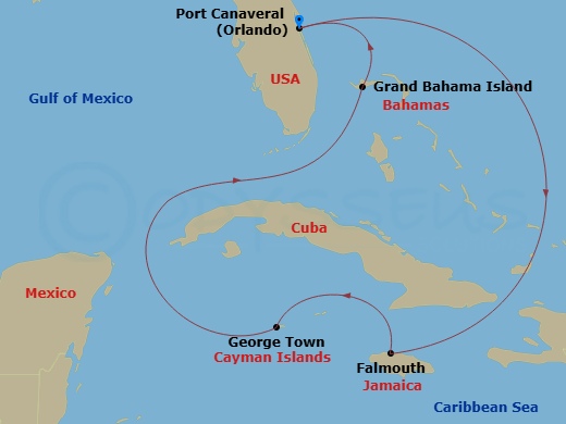 RCL Adventure of the Seas - 6 Night - Western Caribbean Cruise - RCL Adventure of the Seas - Starting in Orlando (Port Canaveral), Fl, Falmouth, Jamaica, George Town, Grand Cayman, Grand.. itinerary map