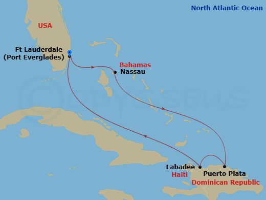 RCL Adventure of the Seas - 6 Night - Eastern Caribbean Cruise - RCL Adventure of the Seas - Starting in Fort Lauderdale, Florida, Nassau, Bahamas, Labadee, Haiti, Puerto Plata, Dominica.. itinerary map