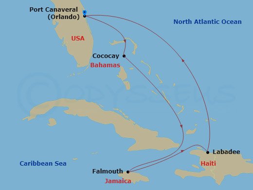 RCL Adventure of the Seas - 6 Night - Western Caribbean & Perfect Day - RCL Adventure of the Seas - Starting in Orlando (Port Canaveral), Fl, Perfect Day Cococay, Bahamas, Falmouth, Jama.. itinerary map