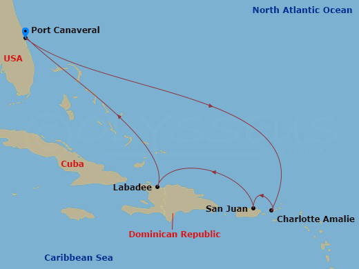 RCL Star of the Seas - 7 Night - Eastern Caribbean Cruise - RCL Star of the Seas - Starting in Orlando (Port Canaveral), Fl, Charlotte Amalie, St Thomas, San Juan, Puerto Rico, Laba.. itinerary map