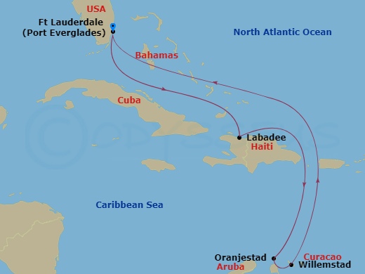 RCL Adventure of the Seas - 8 Night - Southern Caribbean Cruise - RCL Adventure of the Seas - Starting in Fort Lauderdale, Florida, Labadee, Haiti, Oranjestad, Aruba, Willemstad AN, Cura.. itinerary map