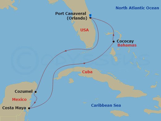 RCL Adventure of the Seas - 6 Night - Western Caribbean & Perfect Day - RCL Adventure of the Seas - Starting in Orlando (Port Canaveral), Fl, Perfect Day Cococay, Bahamas, Puerto Costa M.. itinerary map