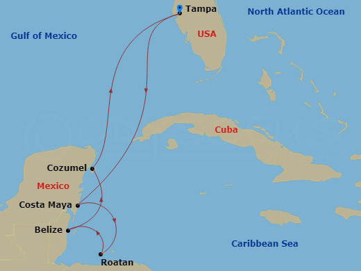 RCL Enchantment of the Seas - 7 Night - Western Caribbean Cruise - RCL Enchantment of the Seas - Starting in Tampa, Florida, Puerto Costa Maya, Mexico, Roatan, Honduras, Belize City, Beliz.. itinerary map