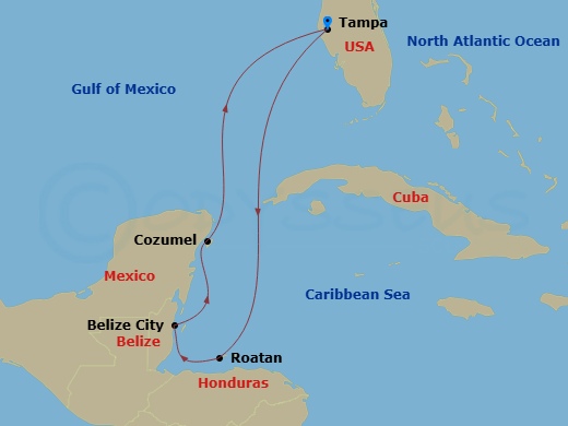 RCL Enchantment of the Seas - 7 Night - Western Caribbean Cruise - RCL Enchantment of the Seas - Starting in Tampa, Florida, Roatan, Honduras, Belize City, Belize, Cozumel, Mexico, Tampa,.. itinerary map