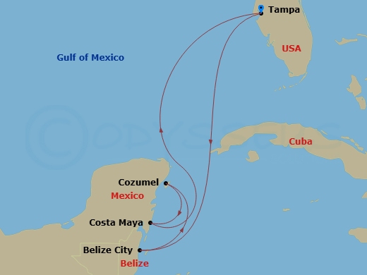 RCL Enchantment of the Seas - 7 Night - Western Caribbean Cruise - RCL Enchantment of the Seas - Starting in Tampa, Florida, Belize City, Belize, Cozumel, Mexico, Puerto Costa Maya, Mexico.. itinerary map