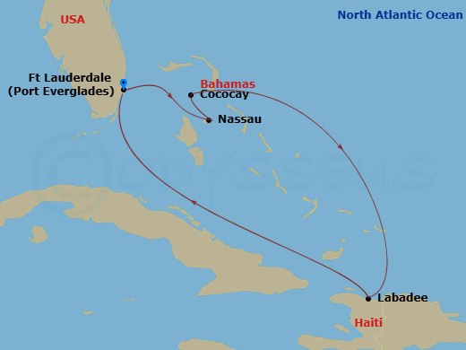 RCL Adventure of the Seas - 6 Night - Western Caribbean & Perfect Day - RCL Adventure of the Seas - Starting in Fort Lauderdale, Florida, Nassau, Bahamas, Perfect Day Cococay, Bahamas, L.. itinerary map