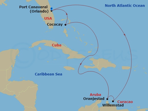RCL Adventure of the Seas - 8 Night - Southern Caribbean & Perfect Day - RCL Adventure of the Seas - Starting in Orlando (Port Canaveral), Fl, Willemstad AN, Curacao, Oranjestad, Aruba,.. itinerary map