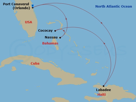 RCL Adventure of the Seas - 6 Night - Western Caribbean & Perfect Day - RCL Adventure of the Seas - Starting in Orlando (Port Canaveral), Fl, Labadee, Haiti, Perfect Day Cococay, Bahamas.. itinerary map