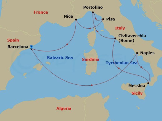 Celebrity Xcel - 10 Night - Italy & French Riviera - Celebrity Xcel - Starting in Barcelona, Spain, Naples, Italy, Sicily (Messina), Italy, Rome (Civitavecchia), Italy, Portof.. itinerary map