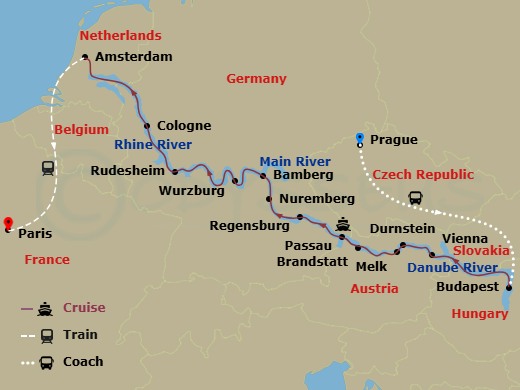 Scenic Opal - 20 Night - Christmas & New Year with Paris & Prague - Scenic Opal - Starting in Prague, Prague / Budapest, Budapest, Cruising Day, Vienna, Durnstein / Melk, B.. itinerary map