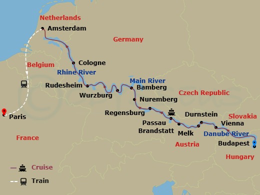 Scenic Opal - 17 Night - Christmas & New Year with Paris - Scenic Opal - Starting in Budapest, Cruising Day, Vienna, Durnstein / Melk, Brandstatt / Passau, Regensburg, Nure.. itinerary map