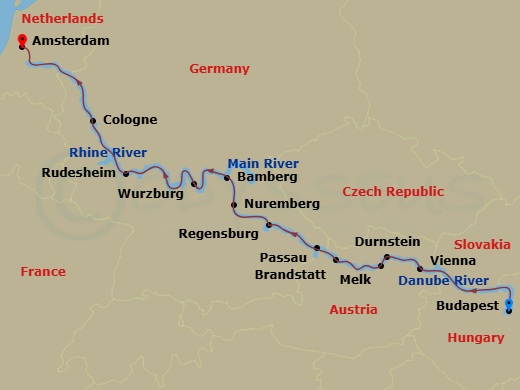 Scenic Opal - 14 Night - Christmas & New Year - Scenic Opal - Starting in Budapest, Cruising Day, Vienna, Durnstein / Melk, Brandstatt / Passau, Regensburg, Nuremberg, Bamb.. itinerary map